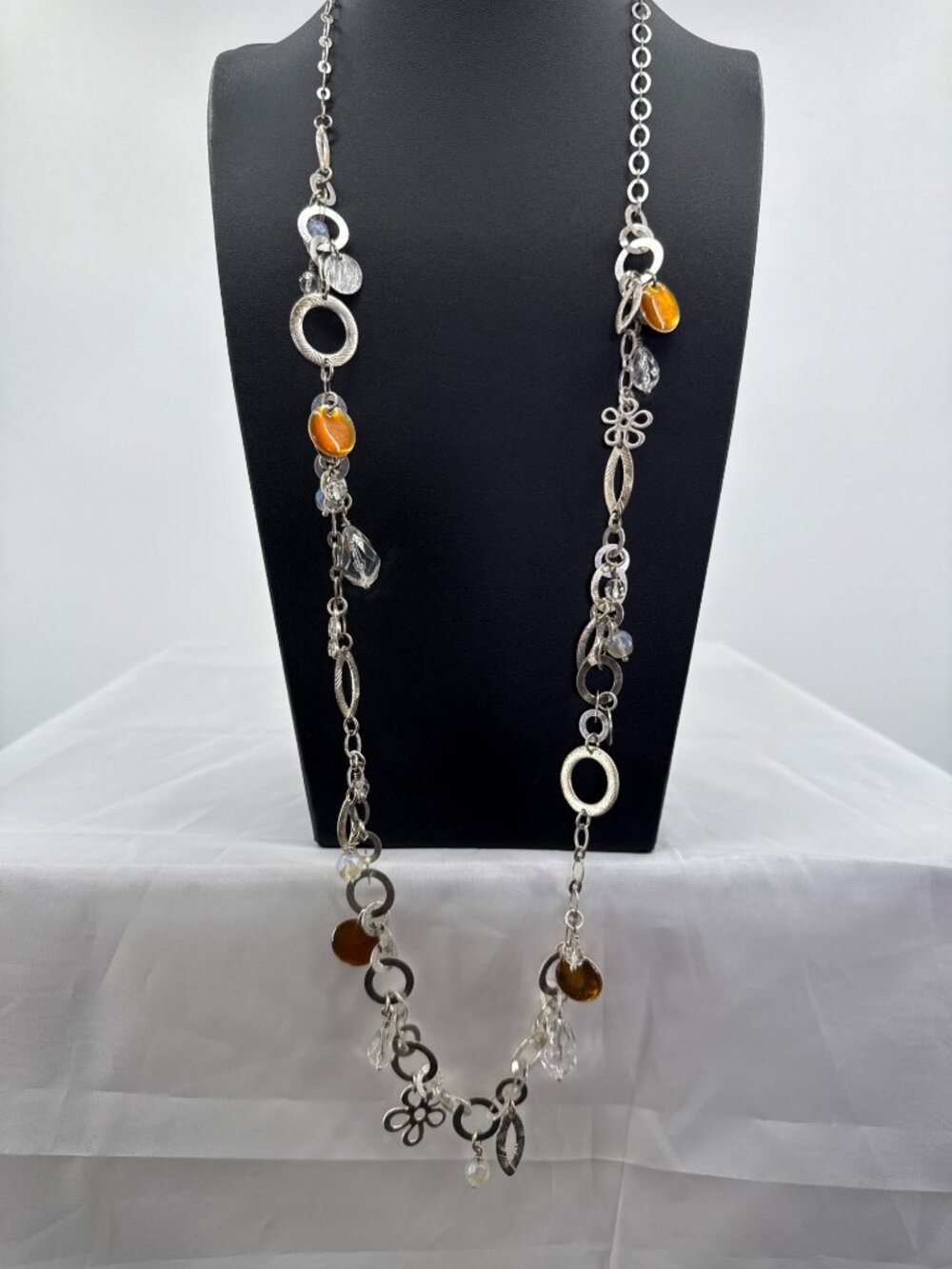 Boho Long Silver Amber Orange Resin Station Statement Necklace